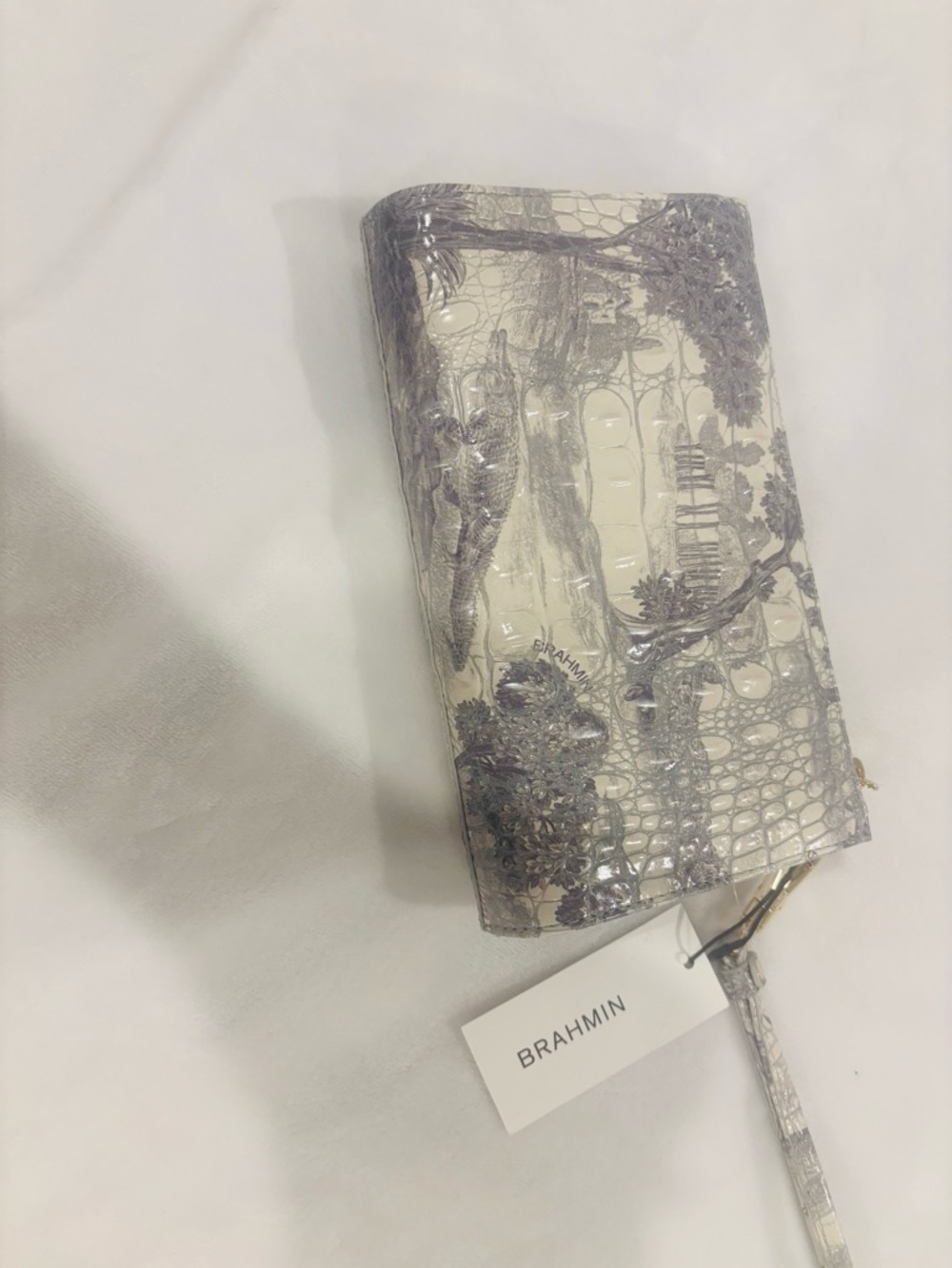 Brahmin Metallic cream/Silver Embossed Croc Wristlet with Floral Detail